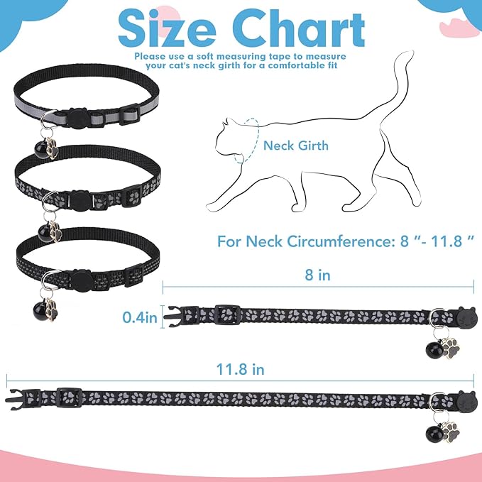 BINGPET Reflective Cat Collar Breakaway with Bells,3 Pack Kitten Collar for Girl Boy Cats with Cute Pendant Glow in The Dark,Adjustable 8''-11.8'',Black