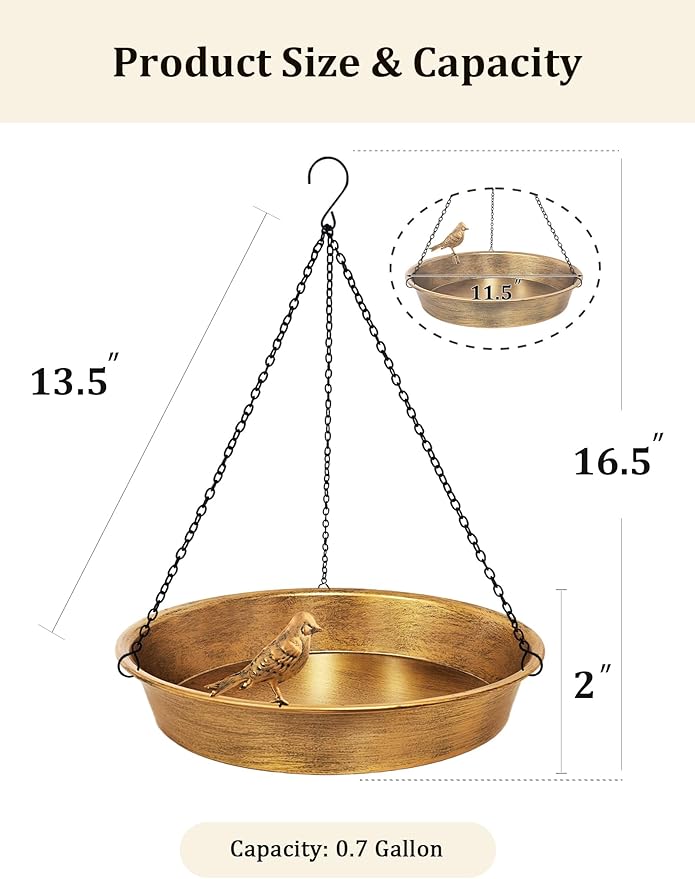 Hanging Bird Bath for Outdoor, Antique Bronze Metal Birdbath Bird Feeder Garden Decor Yard Art (11.5" Dia)