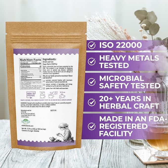 100 Bags Dried Sage Herb Herbs Tea (Salvia officinalis) - 100 count Tea Bags Sage Herbal Tea