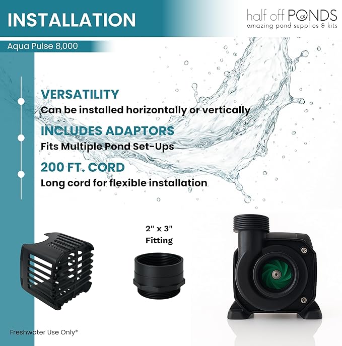 HALF OFF PONDS Submersible Water Pump, 8,000 GPH Pond Pump with 200FT Power Cord and 24FT Max Head, 540W Ultra Quiet Energy Efficient Pump for Koi Pond, Fountain, Waterfall, Water Garden, Skimmer