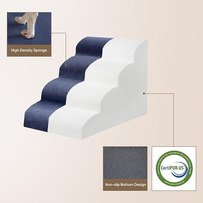 PAWSCRAT Pet Stairs for Dogs 5-Step, 22.8" H Pet Stairs for High Bed, Couch Sofa & Chair, 30D Material Soft Foam Dog Steps with Non-Slip Bottom Surface Removable Washable Cover, Blue