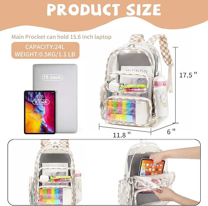 CAMTOP Clear Backpack Heavy Duty Transparent Bag See Through BookBag for Student School Work Festival Sport Travel (Khaki)