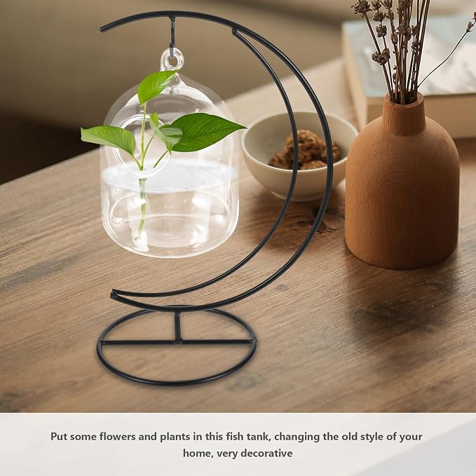 MERRYHAPY Hanging Glass Fish Bowl with Moon-Shaped Iron Stand, Small Aquarium Tank for Betta and Goldfish, Desktop Aquarium Decoration, 12cm