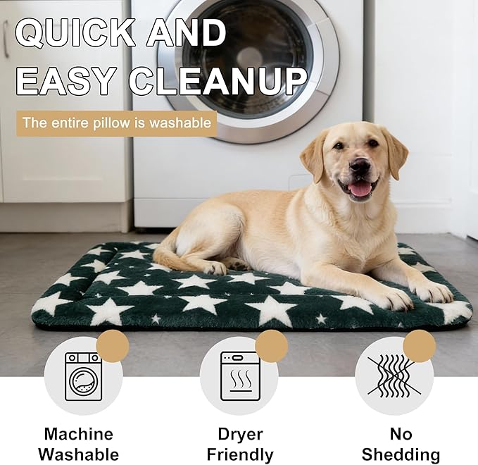 Dog Bed Mat – Soft & Comfortable Dog Kennel Pad for Crate – Durable Crate Bed & Mat for Dogs & Cats – Ideal for Crate, Kennel, and Home Use (Big&Little Stars Green, L(35"*23"*1.5"))
