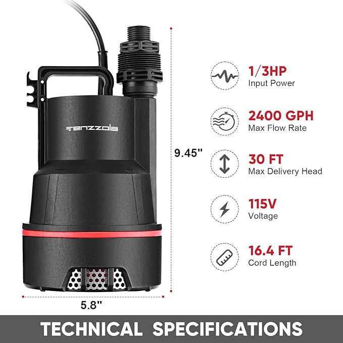 Sump Pump Submersible Utility Water Pump Thermoplastic Portable Electric Water Removal Transfer Pump with 16.4FT Cord for Swimming Pool Basement Garden Pond Tubs Draining, 1/3 HP