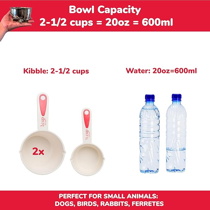 SPOT Coop Cup Bolt Clamp - Stainless Steel Hanging Bowl for Crate, Removable Pet Feeding Dish, Easy Installation, Chew-Proof Design, for Small Dogs, Cats, Birds, Reptiles -2.5 Cups (20 Oz)