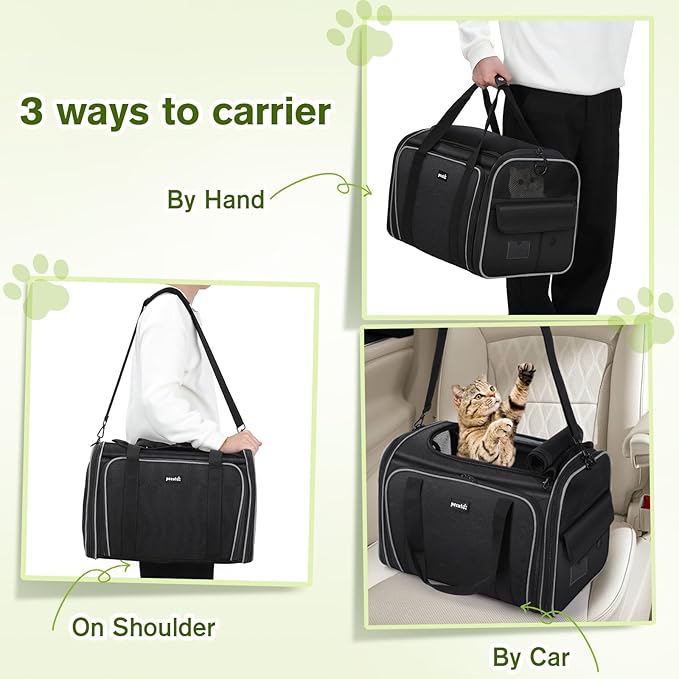 Pecute Cat Carrier Expandable, Extra Large Pet Carrier Bag, Foldable Cat Carrier Bag with Breathable Mesh, Pet Carrier Transport Bag for Dogs and Cats, with Shoulder Strap and Pet Bowl, Black