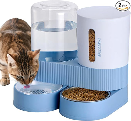 2 Pack Automatic Cat Feeder Stainless Steel Water Dispenser Gravity Food Feeder and Waterer Set with Pet Food Bowl for Small Medium Kitten Puppy Pets Large Capacity(Blue)