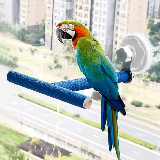 FlidRunest Movable Bird Perch Stand with Suction Cup for Window/Mirror/Car/Shower, Quartz Sands Wood Bird Training Perch Stand for Parrot Parakeet Cockatiel Conure Budgie Lovebird