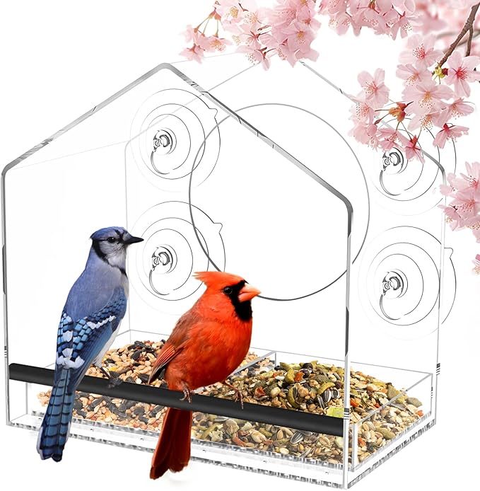 Window Bird Feeder with Strong Suction Cups - Clear Bird Feeders Window for Outdoor Viewing, Removable Tray for Easy Cleaning and refilling, for Grandma and Mom