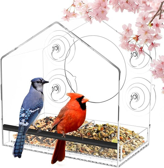 Window Bird Feeder with Strong Suction Cups - Clear Bird Feeders Window for Outdoor Viewing, Removable Tray for Easy Cleaning and refilling, for Grandma and Mom