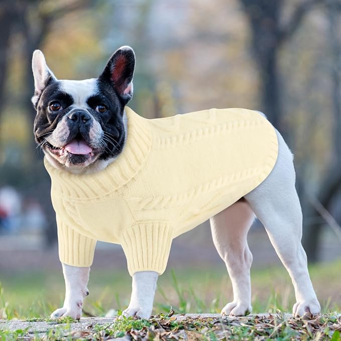 Queenmore Small Dog Pullover Sweater, Cold Weather Cable Knitwear, Classic Turtleneck Thick Warm Clothes for Chihuahua, Bulldog, Dachshund, Pug (White, Large)