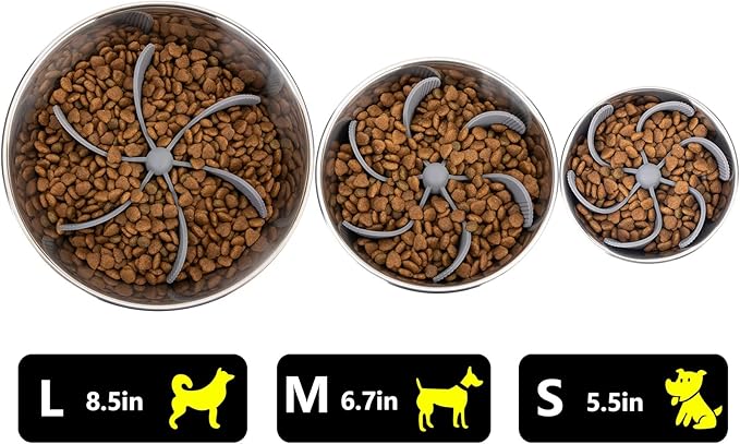 Keegud Slow Feeder Dog Bowls Insert [Octopus Suction Cups] Super Firm Slow Eating Dog Bowl [Cuttable] for Large Breed and Medium Size Dog Compatible with Regular and Elevated Dog Bowls (Spiral)