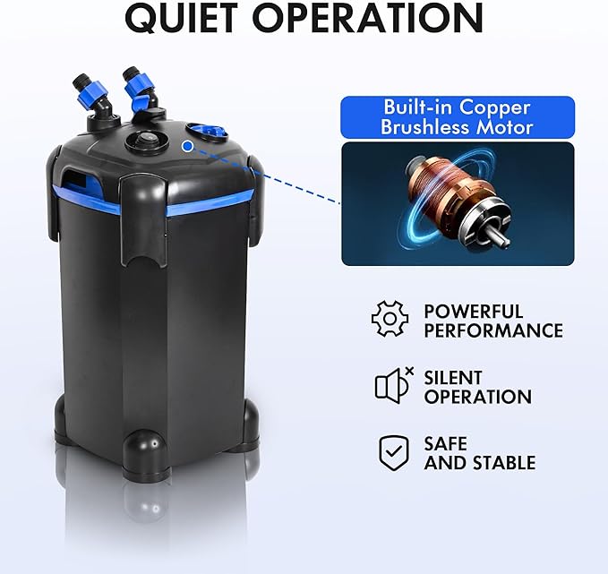 AMOSIJOY Canister Filter, Ultra-Quiet External Aquarium Filter with Free Media for Large Fish Tanks and Aquariums