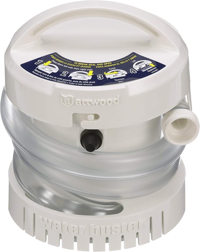 Attwood WaterBuster Portable Submersible Pump, Battery Operated Cordless 200 GPH Utility Water Removal Pump, For Pool Covers, Kayaks & Inflatables, 4140-4