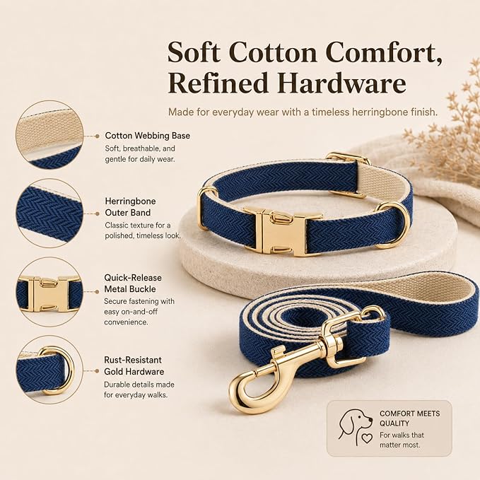 Herringbone Tweed Dog Collar and Leash Set for Small Dogs, Navy Blue | Snag-free, no-rub design. Soft breathable cotton, gentle on fur. Adjustable durable matching combo for walks & outdoors.