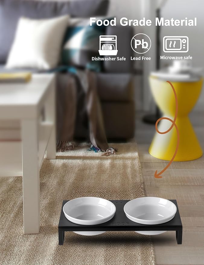 Ceramic White Dog Bowls Set - 5 inch Dog Food & Water Bowls, Elevated Feeding Bowls with Metal Stand for Small Size Dog,Puppy Bowl Set for Wet and Dry Food