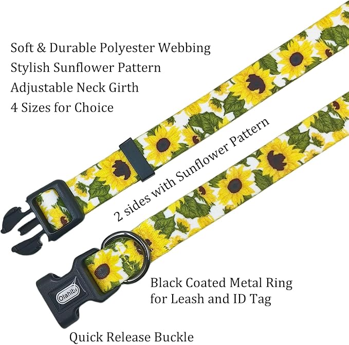 Dog Collar Leash Set, Floral Pattern, 5ft Matching Leash, Polyester Material, 4 for Small Medium Large Dogs.(S, Sunflower)