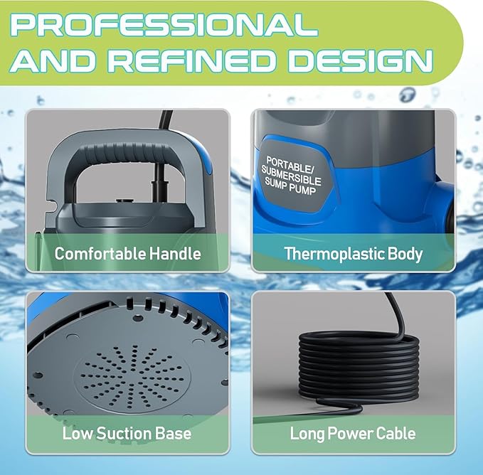 Sump Pump 1HP Submersible Water Pump 3700GPH Electric Portable Transfer Water Pump for Pool Draining Basement, Blue