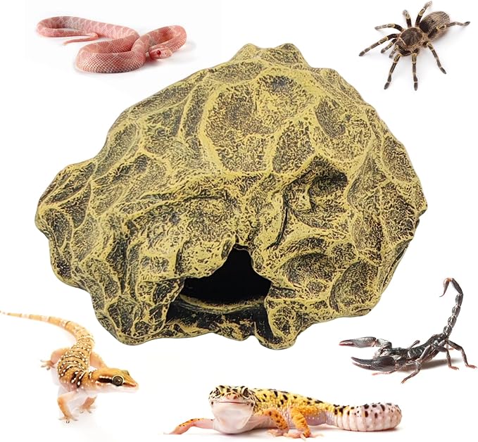 Small Hideout for Reptiles,Reptile Hide Cave Resin Gecko Habitat Decor 2 in 1 Multi-Functional Leopard Gecko Tank Accessories Hideout with Detachable Base as Food Bowl