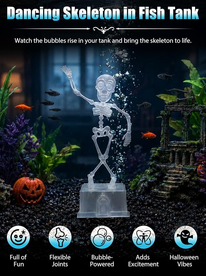 Dancing Skeleton Aquarium Bubbler, Halloween Fish Tank Decor(Clear) | Adjustable airflow with 1m hose & valve. Safe resin, for freshwater/saltwater tanks. Air pump not included.