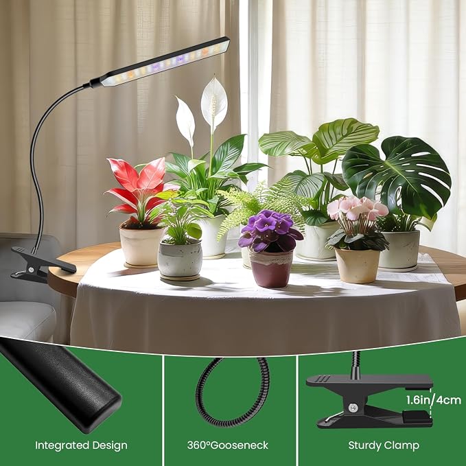 Kullsinss Clip-on Plant Lights for Indoor Growing, 57 LEDs 10W Grow Light | Full Spectrum Grow Lamp with Timer & Dimmable, Black Gooseneck Plant Lamp for Seed Starting, Succulents, Seedlings