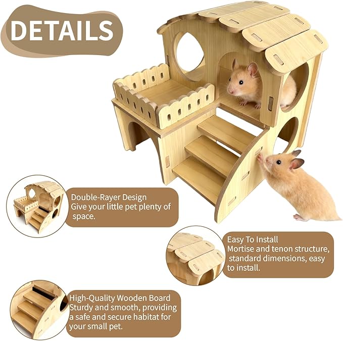 Wooden Hamster Hideout - Wood Hamster Hide House with Ladder Platform Small Pet Hut Habitat Detachable Hamsters Maze Cage Accessories for Dwarf Rat Gerbils Mouse and Other Tiny Animals