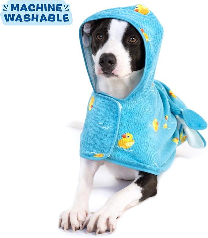 Barkbox Dog Bathrobe Fast Drying with Hook and Loop Closure & Wrap Tie Snuggle, Cute Dogs Clothes, Easy to Clean, Machine Washable, Dog Coats and Tumble Dry Low - Rubber Duck, Medium