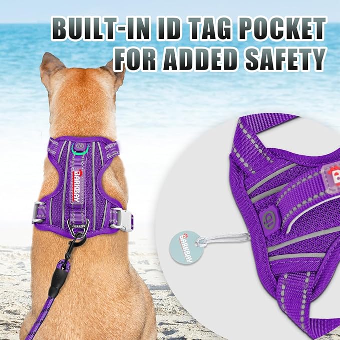 BARKBAY No Pull Dog Harness Large Reflective Dog Harness with Front Clip and Easy Control Handle for Walking Training Running with ID tag Pocket(Purple,L)