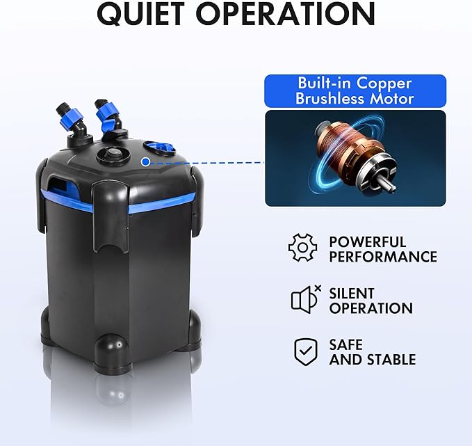 AMOSIJOY Canister Filter, Ultra-Quiet External Aquarium Filter with Free Media for Large Fish Tanks and Aquariums