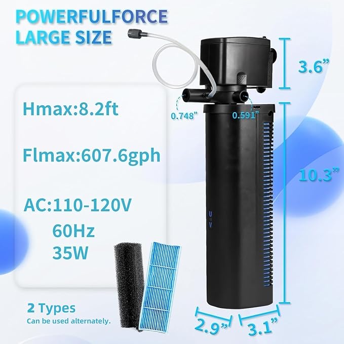 Aquarium Large 100-300 Gallon Fish Tank Filter U-V Dual Spout 600GPH Silent Canister Internal Filter Cold Plunge Tub Koi Pond Filter, Green Clean Machine Deodorization for Saltwater Freshwater