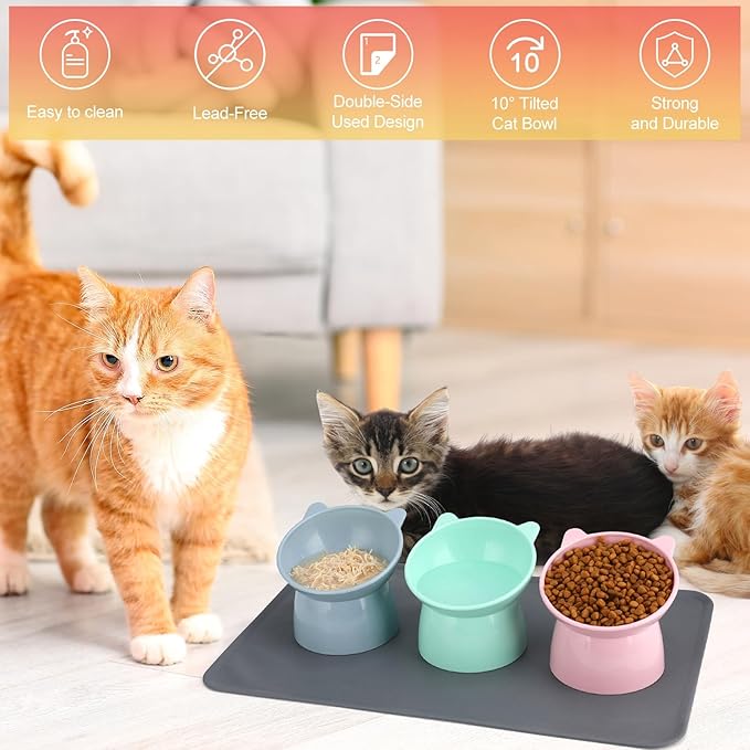 3 Pcs Elevated Cat Bowls 15° Raised Cat Bowl with Silicone Mat Whisker Friendly Anti Vomiting Cats Elevated Food and Water Bowls for Indoor Cats Kittens