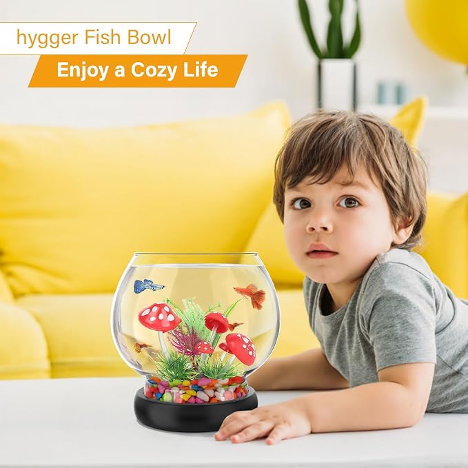 hygger 0.5 Gallon/1 Gallon Glass Fish Bowl with LED Light and Decor, Small Round Betta Fish Tank Goldfish Bowl, Round Clear Unbreakable Aquarium/Vase/Hydroponic Plant Terrarium, Nice Centerpieces
