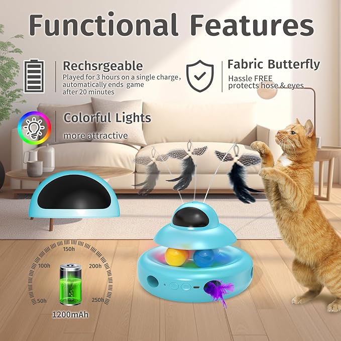 MOHAYA Cat Toys,4-in-1 Automatic Kitten Toy for Bored Indoor Adult Cats,lectric Flying Butterfly,Whack a Mole,Feather Track Balls,Blue