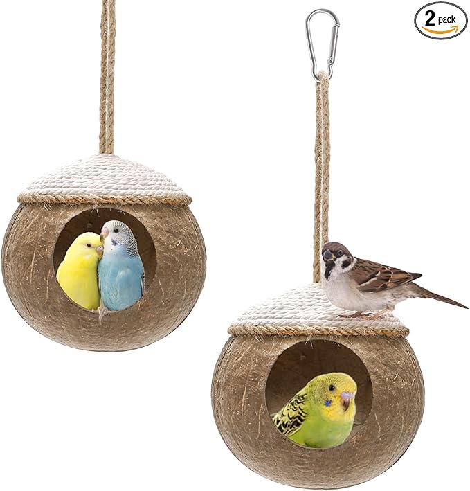 Yesland 2 Pack Coconut Bird Nest Hut with Loop, Coconut Fiber Hanging Birdhouse Cage, Anti-Pecking Bite Coconut Bird Parakeet for Parrot Parakeet Lovebird Finch Canary, Pet Cage Habitats Decor