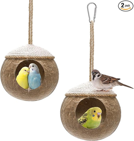 Yesland 2 Pack Coconut Bird Nest Hut with Loop, Coconut Fiber Hanging Birdhouse Cage, Anti-Pecking Bite Coconut Bird Parakeet for Parrot Parakeet Lovebird Finch Canary, Pet Cage Habitats Decor