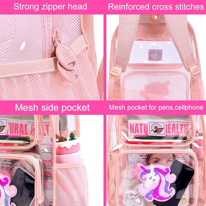 Clear Backpack for Girls and Boys, Kids Transparent Bookbag, 3PCS Cute See Through School Bag for Elementary Prechool
