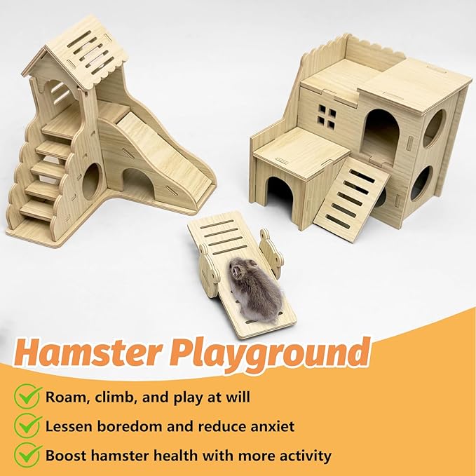 BNOSDM Wood Hamster House Dwarf Hamster Natrual Hideout with Ladder Gerbils Climbing Exploring Seesaw Toys Cage Accessories for Small Hamsters Mouse Mice