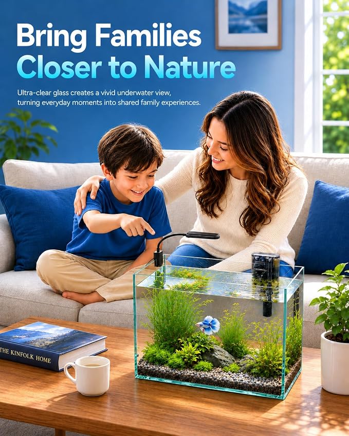 5-Gallon Ultra-Clear Glass Fish Tank Starter Kit, LED Light, Reusable 3-Stage Filter, Lid, Easy Maintenance Rimless Aquarium for Betta and Small Fish