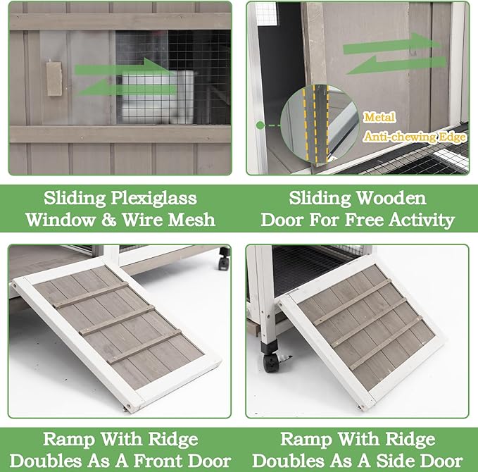 Gowoodhut 76.38"L Rabbit Hutch Indoor and Outdoor with 8 Wheels,Wooden Rabbit Cage with Pull Out Leak-Proof Tray for 2-4 Rabbits,Bunny Hutch with Asphalt Roof Suitable for Garden,Park,Living Room,Grey