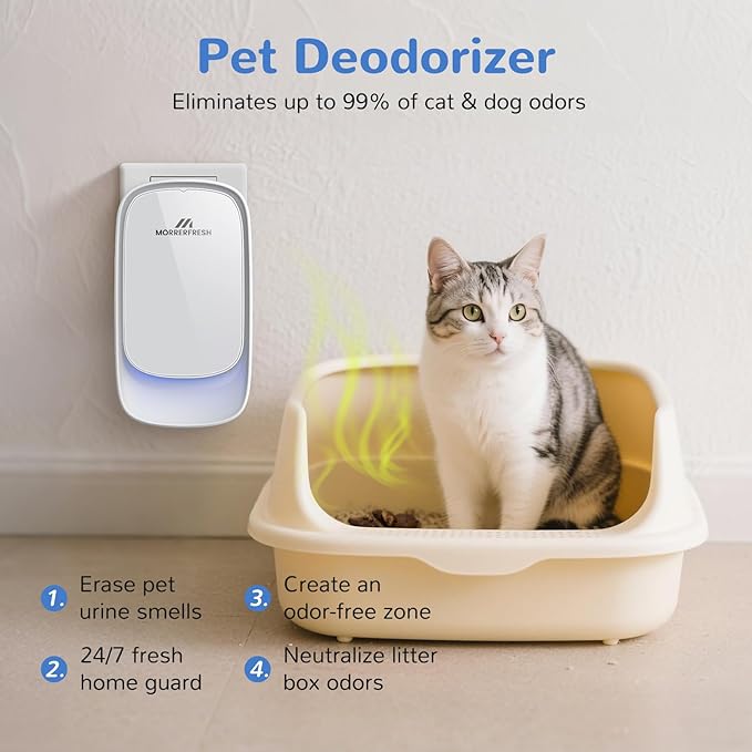 Cat Litter Deodorizer - Plug In Air Purifier for Litter Box, Pet Odor Eliminator for Strong Odors, Filterless Air Freshener for Pets, Kitchen, Bedroom, Small Room, Ozone Free & Quiet