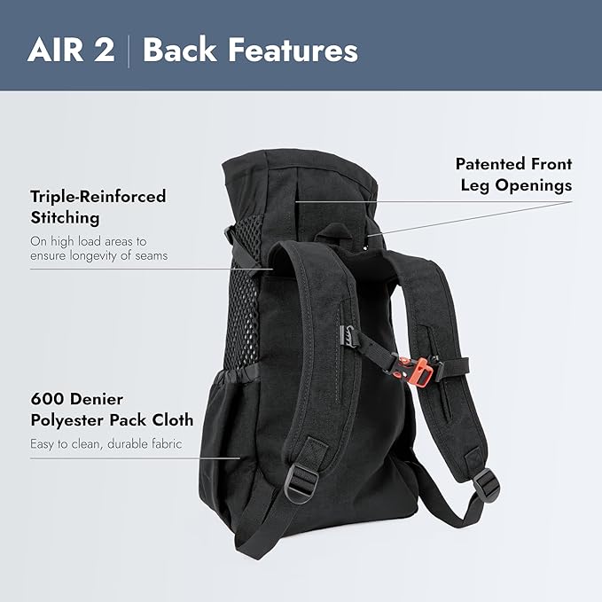 K9 Sport Sack Air 2 - Medium, Jet Black - Ideal for Dogs with 17-19” Back Length - Durable, Breathable Backpack-Style Carrier - Perfect for Walks, Short Hikes & Public Transportation