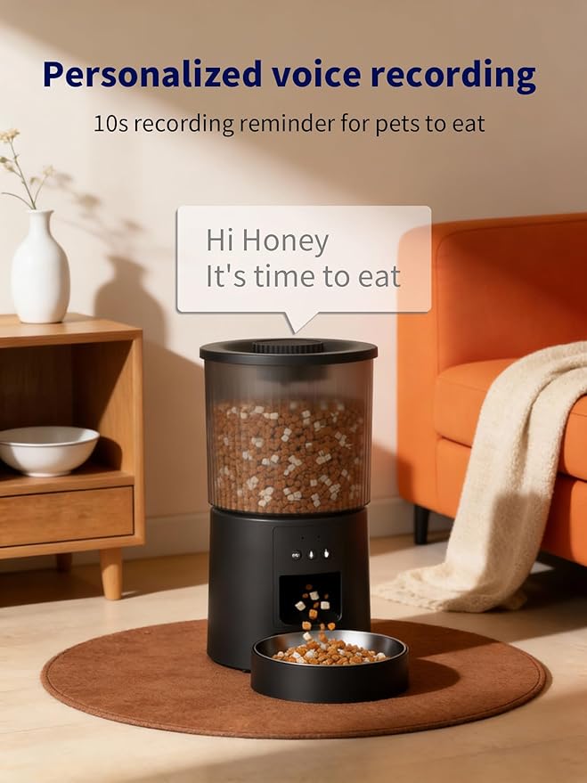 Automatic Cat Feeder, 2.4GHz WiFi Automatic Dog Food Dispenser, Fresh Protection, 4.5L Timer Feeder, Personalized Recording 10 Seconds, Easy to Clean, Stainless Steel Bowl (Single/Black)