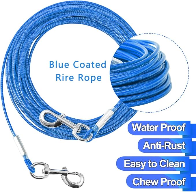 Tie Out Cable for Dogs,10/20/30/50/100FT Dog Leads for Yard Chew Proof,Heavy Duty Tie Out Cable for Large Dogs Up to 125lbs,Dog Runner Tether (Blue, 125Ibs 10ft)