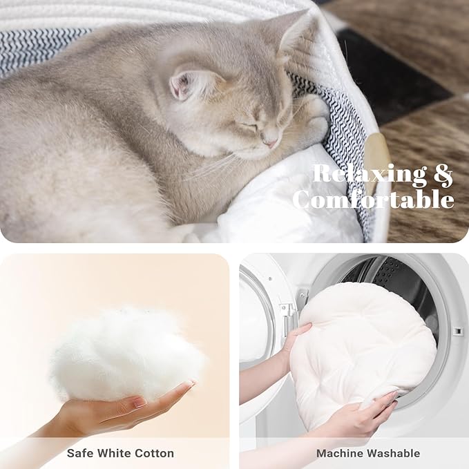 CHEERHOME PETS Cat Bed Basket with Cushion, Cotton Rope Woven Pet Bed for Indoor Cats Couch, Stimulicat Cat Bed Handwoven Breathable, All Season Universal (Grey)