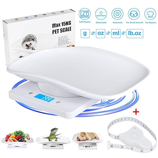 Goldmeet Pet Scale for Small Animals & Kitchen, Max 33lb Capacity with Tape Measure - Ideal for Newborn Kittens/Puppies Under 11 Inches
