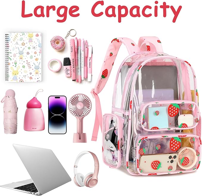 CAMTOP Clear Backpack Heavy Duty Transparent Bag See Through BookBag for Student School Work Festival Sport Travel (Clear Strawberry)