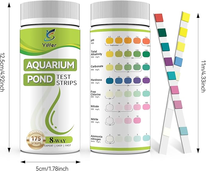 175-Count 8-Way Aquarium Test Strips with Ammonia-Accurate Test Ammonia,pH, Total Alkalinity, Carbonate, Hardness, Free Chlorine, Nitrate and Nitrite for Fish Tanks & Ponds