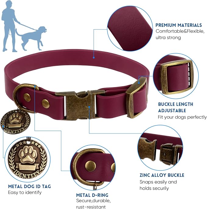 Wisedog Waterproof Dog Collar and Leash Set, L, Burgundy | Adjustable Puppy Collar, Cute Tag, 5FT Leash, Includes Poop Bag, For Small Medium Large Dogs