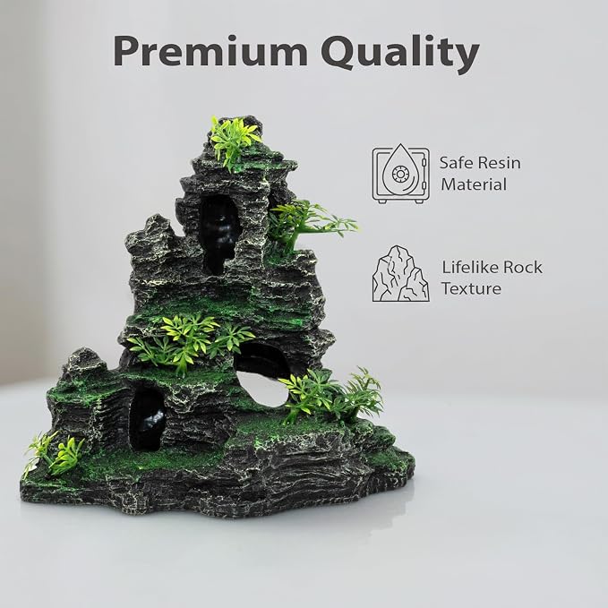 Aquarium Mountain View Stone Ornament, Large Resin Hideout Cave for Betta & Shrimp, Fish Tank Decor Rock Cave with Fish Cave and Hideouts (11.02" x 6.69" x 9.84")